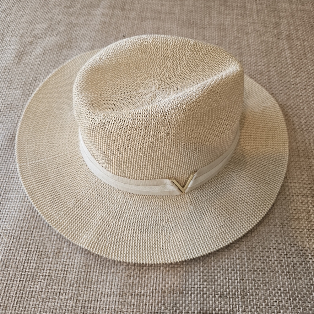 Vince Camuto Straw Panama Hat Beige Wide Brim Boho Summer - Picture 2 of 6